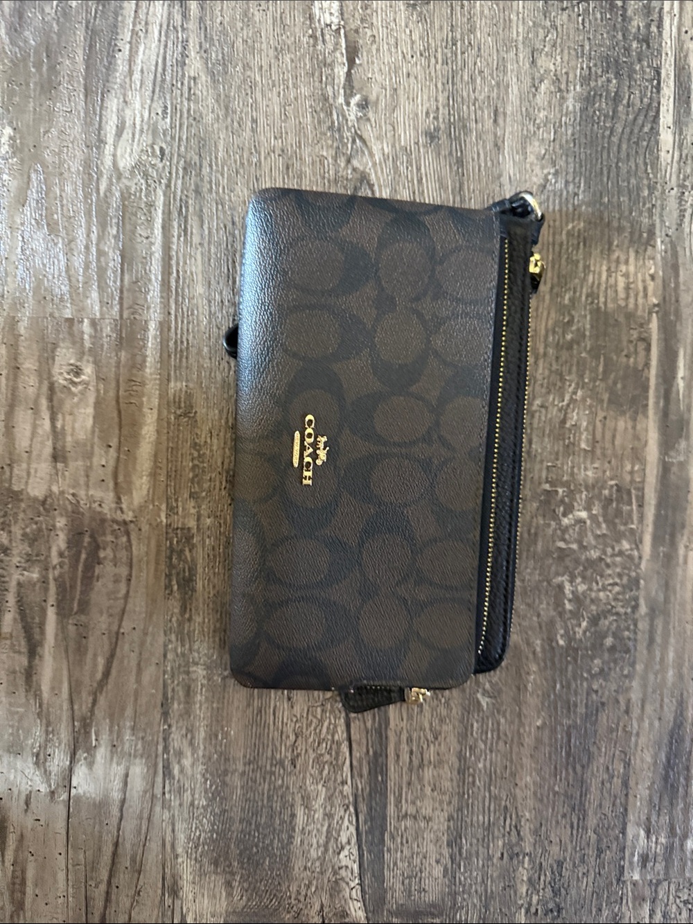 Coach Dark Brown Signature Zip Wristlet with Gold Logo